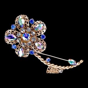 West Germany Brooch, Peacock Blue AB and Blue Rhinestones Flower Brooch
